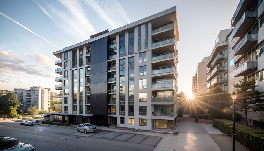  A high resolution photograph of a modern Apartment Building, blue bright sky and clouds, fair face concrete, concrete, architecture, trees, grass floor, lush greenery surrounding, a spacious and inviting appearance, visible interior lighting, warm and welcoming ambiance, captured by a Canon EOS 5D Mark IV camera + Canon EF 16 35 mm f/2.8L II USM lens, wide angle perspective, architectural beauty, golden hour of a summer evening, black and white painting facade, neoclassic style