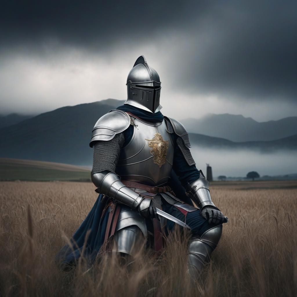  A knight in armor with a sword is sitting in a field,antiquity, dark sky, an infinite field hyperrealistic, full body, detailed clothing, highly detailed, cinematic lighting, stunningly beautiful, intricate, sharp focus, f/1. 8, 85mm, (centered image composition), (professionally color graded), ((bright soft diffused light)), volumetric fog, trending on instagram, trending on tumblr, HDR 4K, 8K