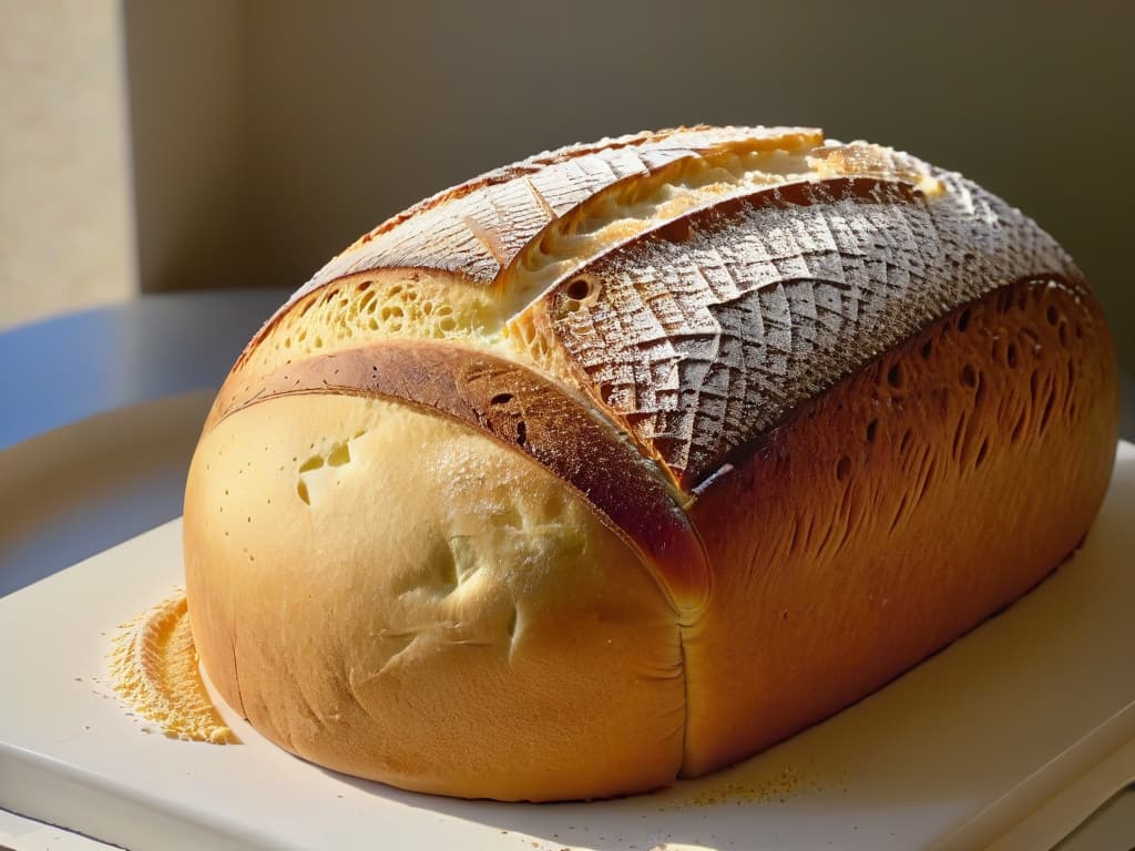  A closeup, ultradetailed image of a perfectly scored loaf of artisan bread, showcasing the intricate patterns and texture of the golden crust. The light hits the bread at an angle, highlighting the fine dusting of flour on the surface and the slight glisten of olive oil. The background is blurred, emphasizing the simplicity and elegance of the bread, embodying the artistry and craftsmanship of Nancy Silverton's revolutionary bakery creations. hyperrealistic, full body, detailed clothing, highly detailed, cinematic lighting, stunningly beautiful, intricate, sharp focus, f/1. 8, 85mm, (centered image composition), (professionally color graded), ((bright soft diffused light)), volumetric fog, trending on instagram, trending on tumblr, HDR 4K, 8K