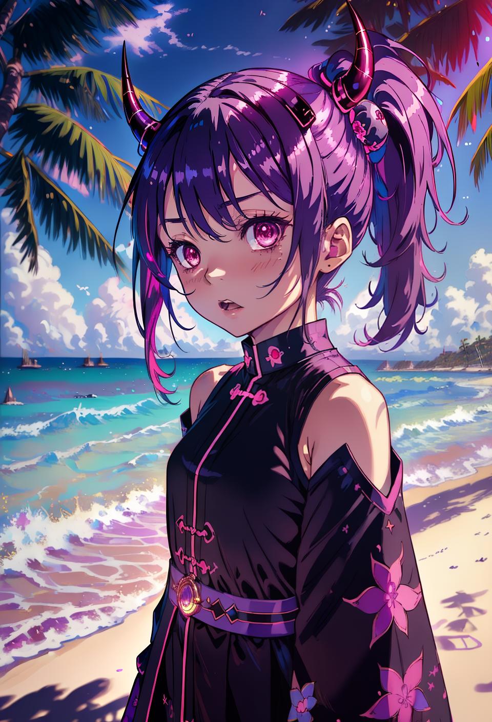  ((trending, highres, masterpiece, cinematic shot)), 1girl, chibi, female sorcerer outfit, beach scene, long straight purple hair, side ponytail, narrow pink eyes, sinister personality, worried expression, horns, dark skin, magical, lucky