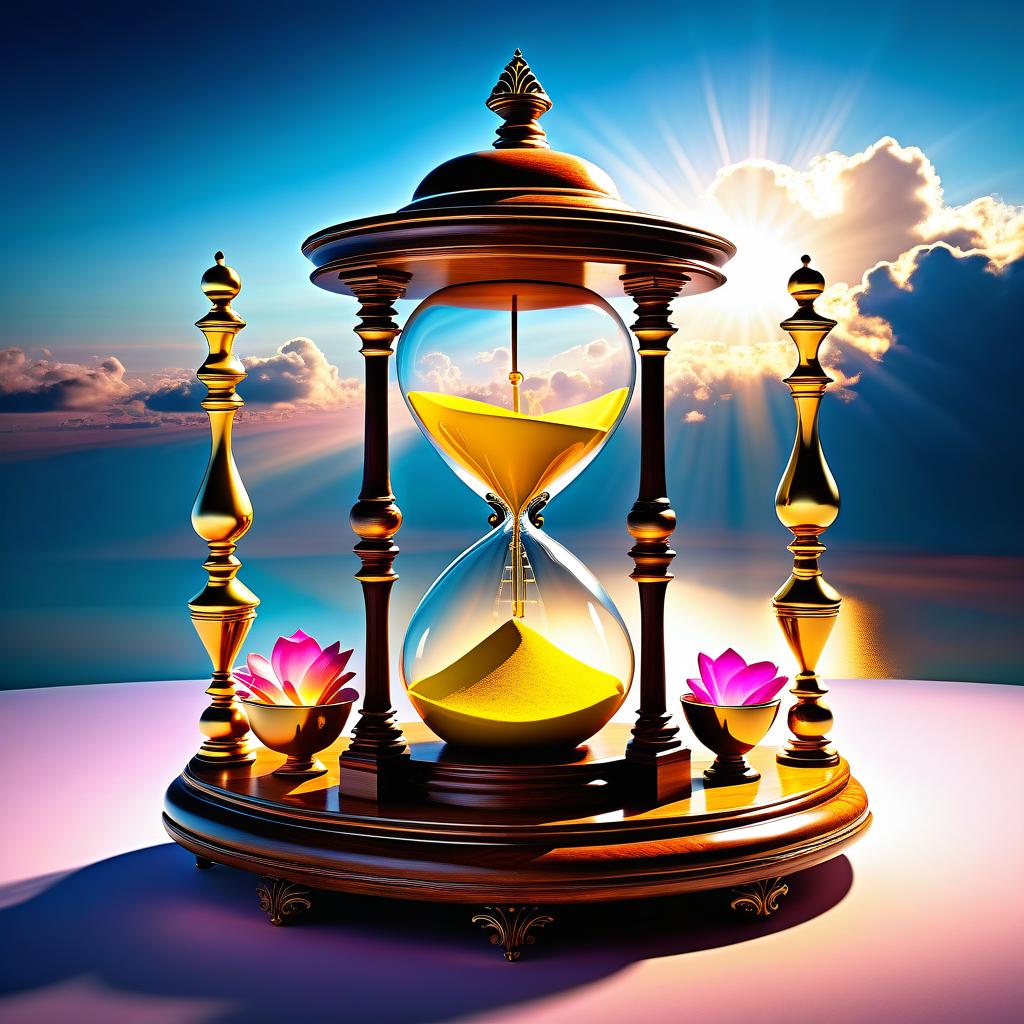  ethereal fantasy concept art of (Fancy hourglass). clock design: wooden carved case lacquered. Bowls of transparent glass. Inside the top bowl of the clock the rising sun is displayed. Around the sun is a blue sky and white, golden pink clouds. (Inside the lower bowl of the clock):A nighttime, dark blue sky with a bright yellow month with a silvery cast. Beneath the sky are mountains covered with blue white snow, shimmering with different colours of the rainbow. Background: gradient: in the lower part of the background the structure of sand. In the upper part of the background perispherical clouds in the blue sky. Style: philosophical romantic fantasy. . magnificent, celestial, ethereal, painterly, epic, majestic, magical, fantasy art, cov hyperrealistic, full body, detailed clothing, highly detailed, cinematic lighting, stunningly beautiful, intricate, sharp focus, f/1. 8, 85mm, (centered image composition), (professionally color graded), ((bright soft diffused light)), volumetric fog, trending on instagram, trending on tumblr, HDR 4K, 8K