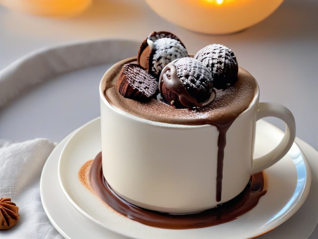  A closeup, ultradetailed image of a velvety smooth chocolate truffle being delicately dipped into a steaming mug of rich, creamy hot chocolate. The glossy surface of the truffle reflects the warm glow of the drink, showcasing intricate swirls of melted chocolate cascading down its sides. The steam rises in a graceful dance, surrounding the dessert in a halo of warmth and indulgence. The minimalistic composition focuses solely on the luxurious textures and decadent allure of these homemade treats, inviting the viewer to savor the essence of a sweet winter delight. hyperrealistic, full body, detailed clothing, highly detailed, cinematic lighting, stunningly beautiful, intricate, sharp focus, f/1. 8, 85mm, (centered image composition), (professionally color graded), ((bright soft diffused light)), volumetric fog, trending on instagram, trending on tumblr, HDR 4K, 8K