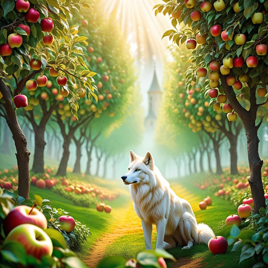  ethereal fantasy concept art of (Background): apple orchard. An apple orchard with golden fruit and crystal leaves. In the orchard sits a white werewolf wolf cub with green eyes, black nose. Style:fantasy . magnificent, celestial, ethereal, painterly, epic, majestic, magical, fantasy art, cover art, dreamy hyperrealistic, full body, detailed clothing, highly detailed, cinematic lighting, stunningly beautiful, intricate, sharp focus, f/1. 8, 85mm, (centered image composition), (professionally color graded), ((bright soft diffused light)), volumetric fog, trending on instagram, trending on tumblr, HDR 4K, 8K