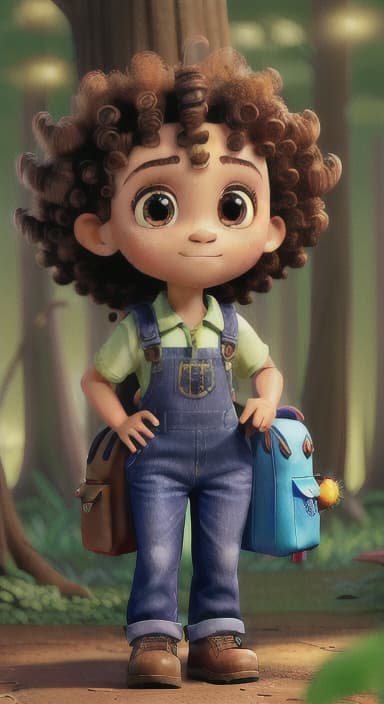  {The tree with a twinkling eye, while its leaves gently rustle., Riley, a curious with big brown eyes and curly hair, wearing overalls and carrying a small backpack. Their friend, Skye, a bluebird with shiny feathers.