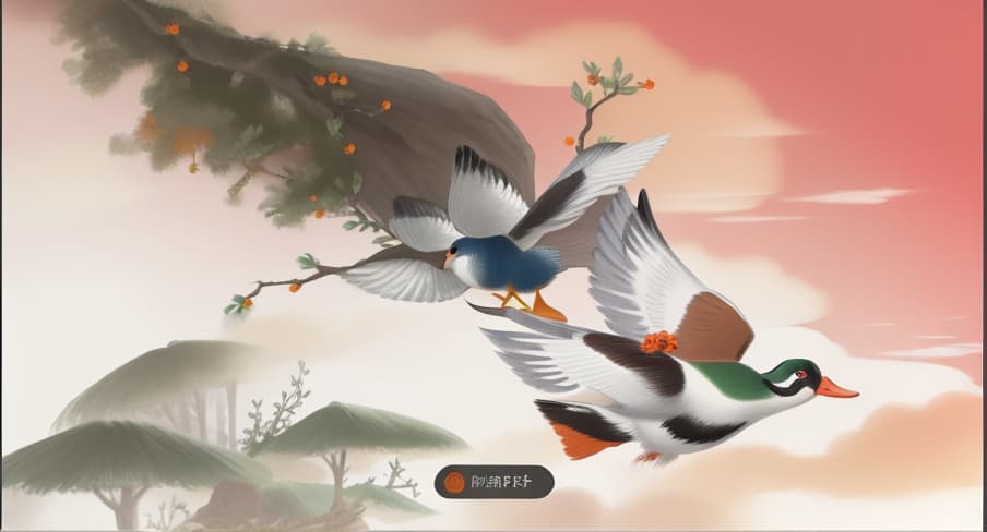  Masterpiece, best quality, yard with two trees, two mandarin ducks flying together