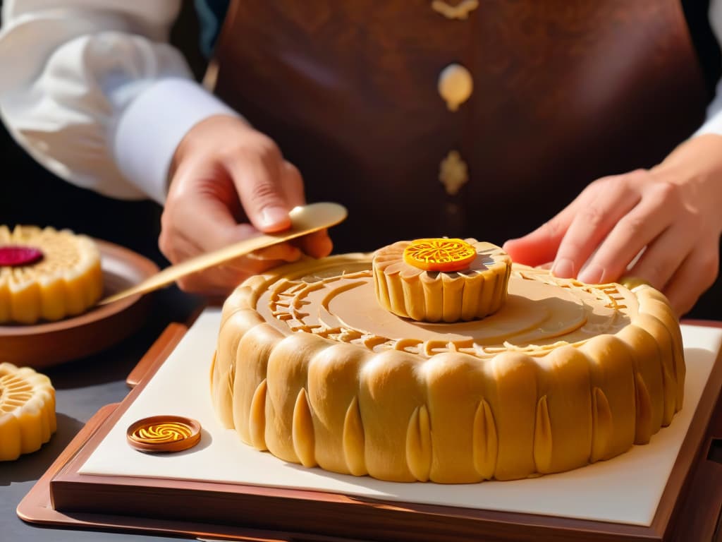  An ultradetailed, 8k resolution image of a pair of delicate hands expertly shaping traditional mooncake dough into intricate, perfectly formed pastries. The hands are adorned with ornate rings and bracelets, adding a touch of elegance to the scene. The background is a soft, neutral color to enhance the focus on the skilled craftsmanship of the hands. hyperrealistic, full body, detailed clothing, highly detailed, cinematic lighting, stunningly beautiful, intricate, sharp focus, f/1. 8, 85mm, (centered image composition), (professionally color graded), ((bright soft diffused light)), volumetric fog, trending on instagram, trending on tumblr, HDR 4K, 8K