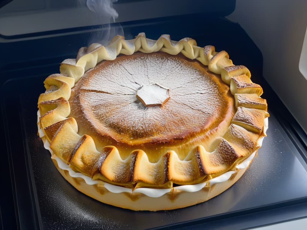  A closeup, ultradetailed image of a goldenbrown pie crust emerging from the oven, showing intricate patterns of flakiness and crispy edges, with a subtle dusting of flour and tiny bubbles indicating perfect baking. hyperrealistic, full body, detailed clothing, highly detailed, cinematic lighting, stunningly beautiful, intricate, sharp focus, f/1. 8, 85mm, (centered image composition), (professionally color graded), ((bright soft diffused light)), volumetric fog, trending on instagram, trending on tumblr, HDR 4K, 8K