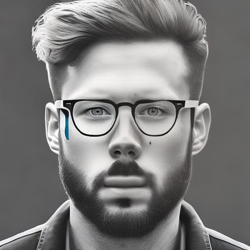 dublex style man wearing glasses drawing, half colored b&w, inside universe