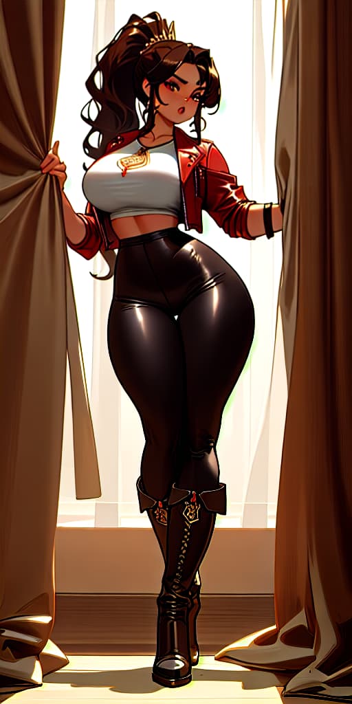  Extremely beautiful face, Mexican woman, slave woman, hourglass body, latina, Mexican face, extreme facial features, wearing makeup, dimples, long brown curly hair in ponytail, (curtain bangs) in in red leather jacket, plain white v neck t shirt, shirt exposing boobs, black leggings, black boots, extremely detailed, stunning visuals, Strong athletic body, thick thighs showing, curved hips, detailed face, beautiful eyes, full body thighs showing, sexy body,  steam punk