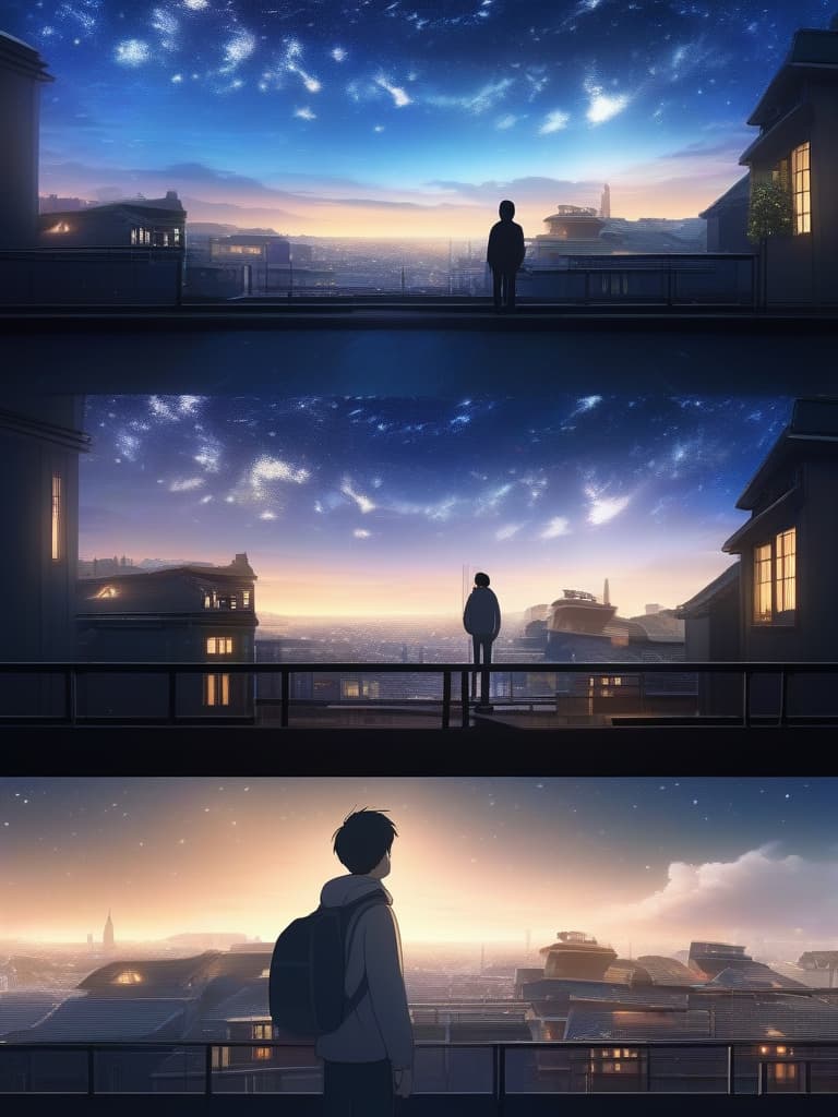  The background is the city of the city, the sky is starry sky, a young man is looking up at the starry sky on the roof alone, the back., masterpiece, best quality,8k,ultra detailed,high resolution,an extremely delicate and beautiful,hyper detail