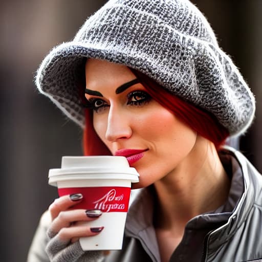  Red haired girl, cold look, drinking coffee. hyperrealistic, full body, detailed clothing, highly detailed, cinematic lighting, stunningly beautiful, intricate, sharp focus, f/1. 8, 85mm, (centered image composition), (professionally color graded), ((bright soft diffused light)), volumetric fog, trending on instagram, trending on tumblr, HDR 4K, 8K