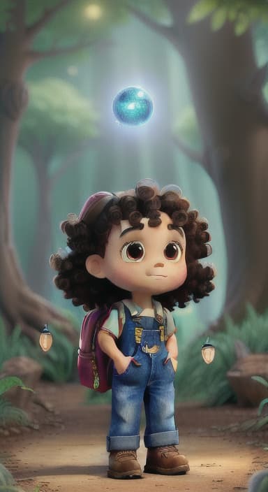  {The tree shining brightly and releasing a gentle, magical light., Riley, a curious with big brown eyes and curly hair, wearing overalls and carrying a small backpack. Their friend, Skye, a bluebird with shiny feathers.