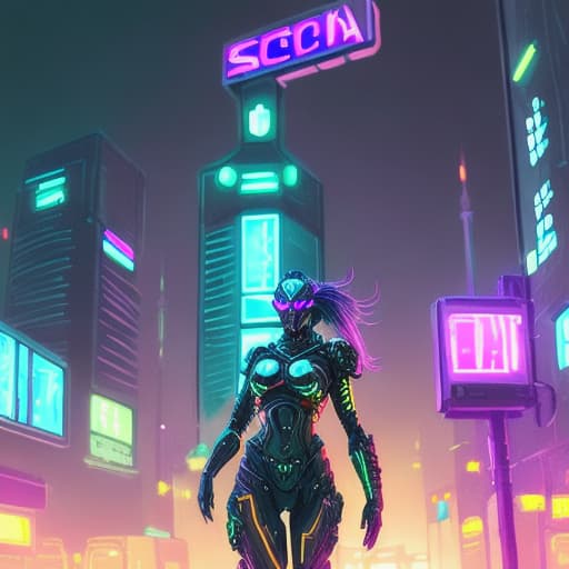  Armored woman,, sci fi, concept art, A city at night. neon lights