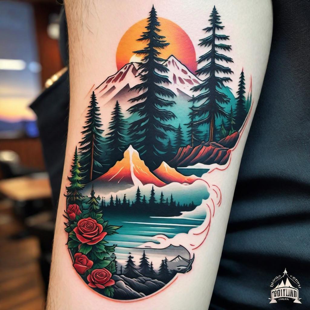  Create a vibrant and cool tattoo sleeve design that represents Portland, Oregon and the Pacific Northwest. The design should incorporate elements like pine trees, Mount Hood, roses, the Portland skyline, and other iconic symbols of the region. The color scheme should be bright and eye-catching, capturing the essence of the Pacific Northwest. hyperrealistic, full body, detailed clothing, highly detailed, cinematic lighting, stunningly beautiful, intricate, sharp focus, f/1. 8, 85mm, (centered image composition), (professionally color graded), ((bright soft diffused light)), volumetric fog, trending on instagram, trending on tumblr, HDR 4K, 8K