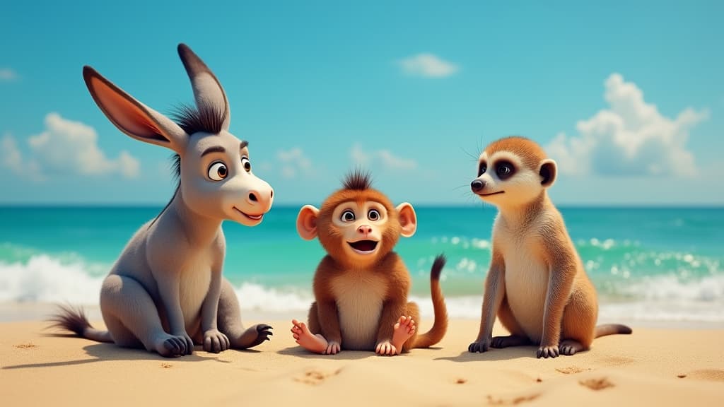  good quality, high quality, funny animals on a beach, donkey, monkey, meerkat.