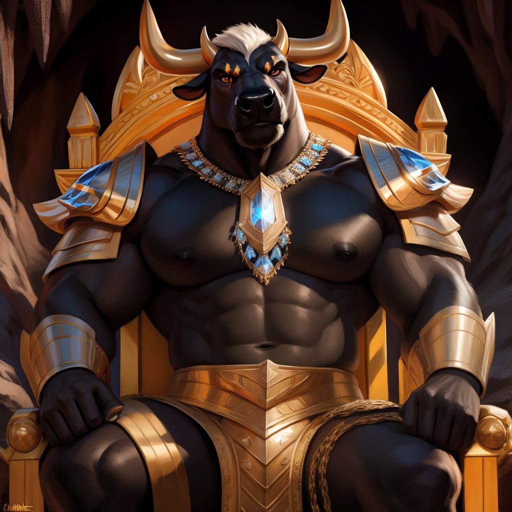  By chunie, by Meesh, 3d, portrait, full view, full body, detailed eyes, glowing eyes:2, sharp detail, masterpiece, golden horns:2, photorealistic:2, solo, anthro, male, black bull, scar on face, large muzzle, a black bull sitting on a huge golden throne:2, large cave:2, mouth closed, angry face:2, serious face:2, rage, enraged:2, ultra detailed glowing crystals(orange crystals), wear glowing crystal armor:2, front view:2, ultra detailed armor, sfw, thick body:2, muscular body:2, large body:2, stare at the camera, open eyes, digital art, masterpiece, 4k, fine details,