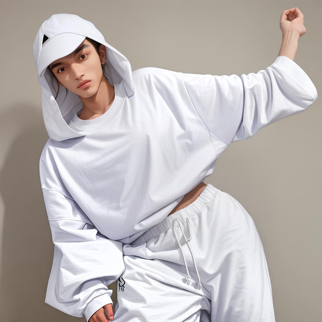  masterpiece, best quality,a model wearing an oversized white tshirt and sweatpants with a brand name 'BEDOUIN BLEND' written on the sleeves. ,