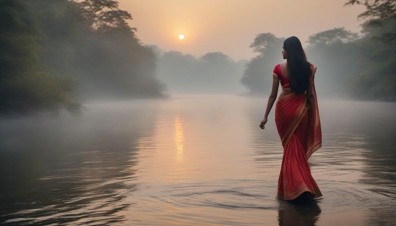  A long haired girl walks along the river in a sari at sunset. hyperrealistic, full body, detailed clothing, highly detailed, cinematic lighting, stunningly beautiful, intricate, sharp focus, f/1. 8, 85mm, (centered image composition), (professionally color graded), ((bright soft diffused light)), volumetric fog, trending on instagram, trending on tumblr, HDR 4K, 8K