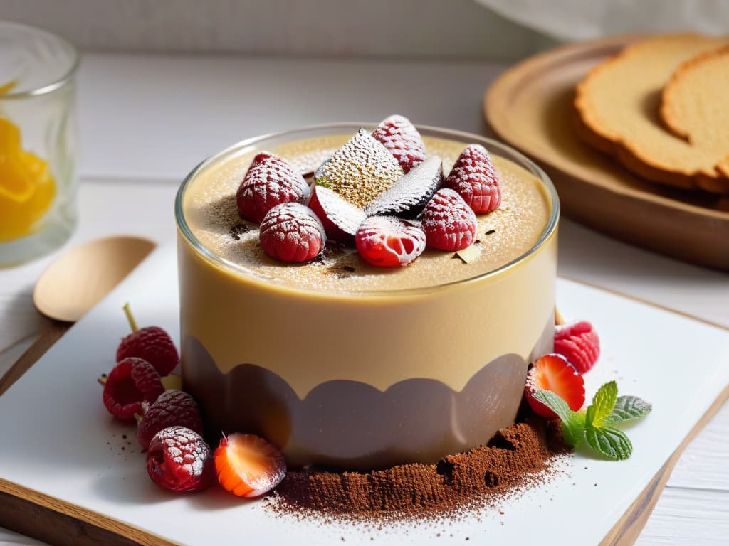  An 8k ultradetailed image of a decadent chia and cacao pudding, beautifully presented in a transparent glass dessert cup. The pudding is garnished with a sprinkle of rich cocoa powder, a drizzle of golden honey, and a perfect arrangement of fresh raspberries and mint leaves on top. The glass is placed on a rustic wooden table, with soft natural light filtering through a nearby window, creating a warm and inviting atmosphere. The textures and colors of the pudding, fruit, and garnishes are so vivid and lifelike that they seem almost tangible, enticing the viewer to reach out and take a bite. hyperrealistic, full body, detailed clothing, highly detailed, cinematic lighting, stunningly beautiful, intricate, sharp focus, f/1. 8, 85mm, (centered image composition), (professionally color graded), ((bright soft diffused light)), volumetric fog, trending on instagram, trending on tumblr, HDR 4K, 8K