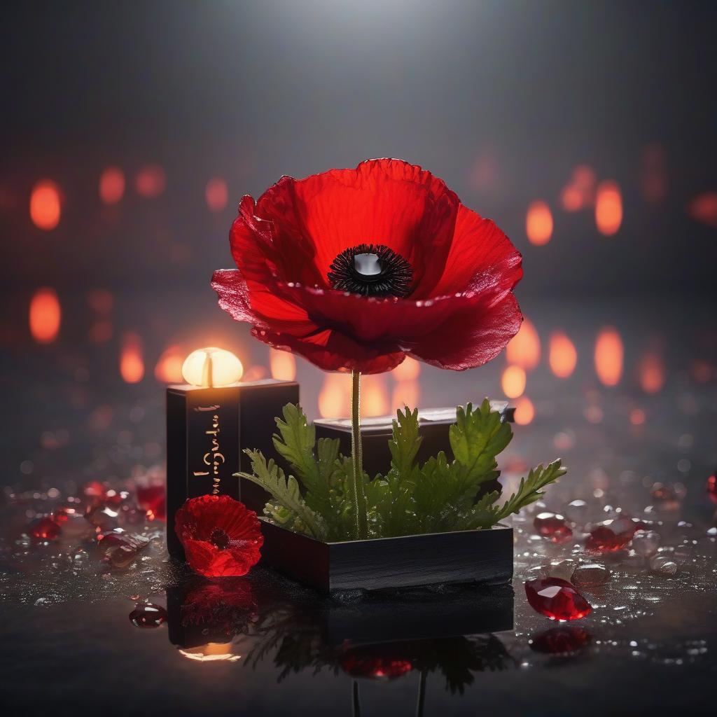  On a dark background, a red crystal poppy flower with a close up view of two droplet boxes with dew drops and a 3D Russian lettering "mАк" in the foreground. hyperrealistic, full body, detailed clothing, highly detailed, cinematic lighting, stunningly beautiful, intricate, sharp focus, f/1. 8, 85mm, (centered image composition), (professionally color graded), ((bright soft diffused light)), volumetric fog, trending on instagram, trending on tumblr, HDR 4K, 8K