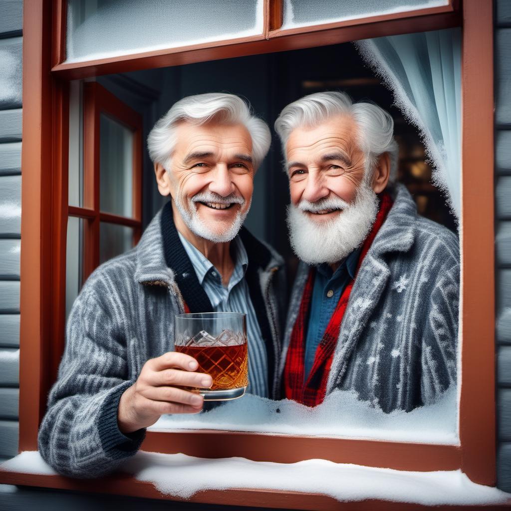  a window with frosty patterns, a cheerful boy stands by the window, a gray-haired old man stands next to him with a glass of whiskey, a view from the street, pinup style, photographic quality, 8 K.
