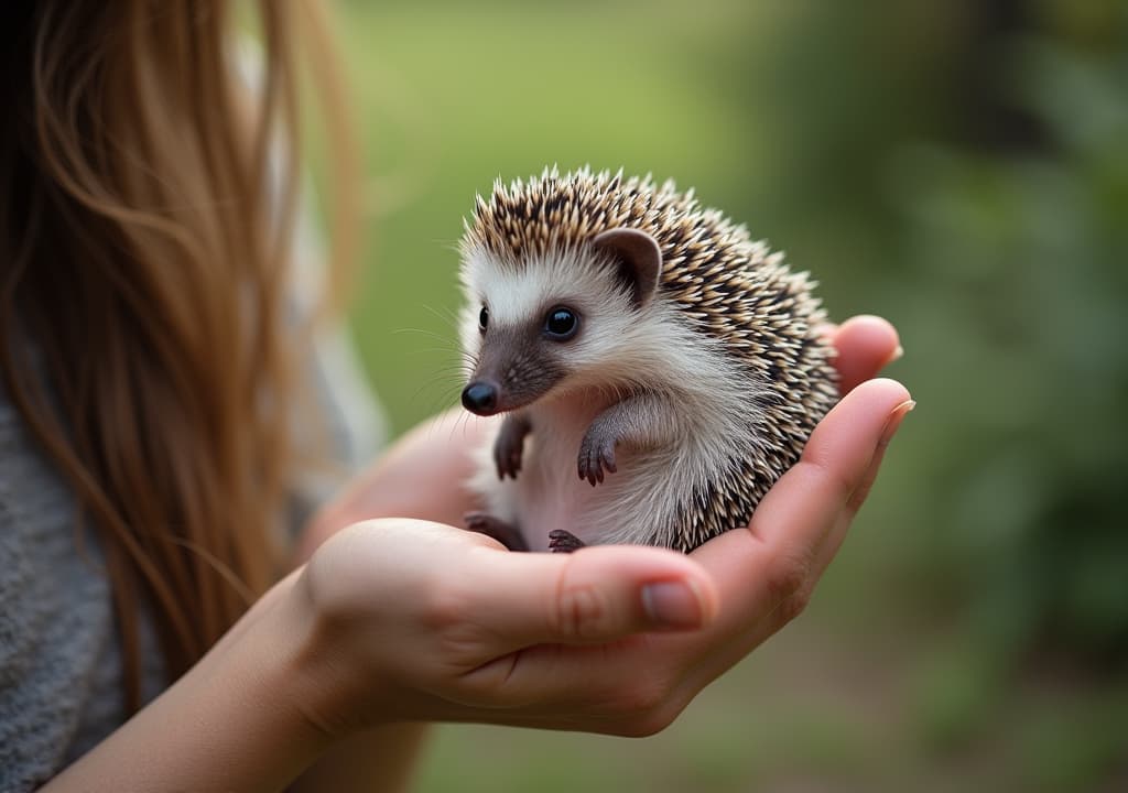  good quality, high quality, the photograph captures a side profile of a person holding a small hedgehog, presenting a moment of quiet contemplation and the nurturing bond between human and animal in an outdoor setting.