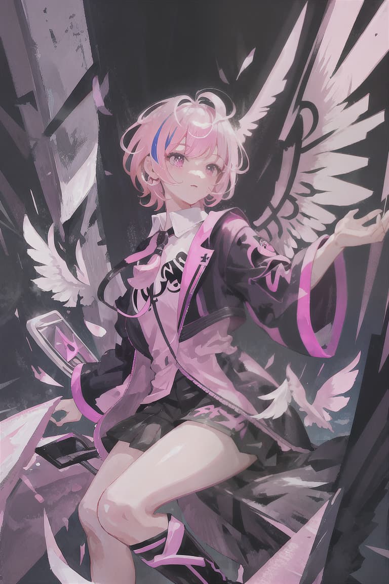  master piece , best quality,Pink hair, short hair, male, fallen angel, reaper, wings dyed black