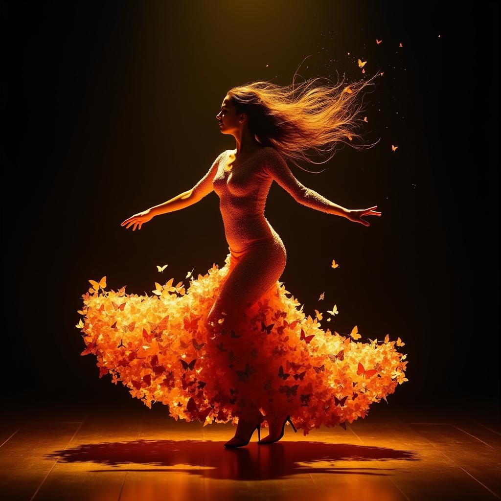  good quality, high quality, a mesmerizing performance takes center stage. a beautiful flamenco dancer composed of tiny, fiery butterflies twirls and leaps with grace, her sparkling hair shimmering in the warm light. the wind whispers secrets, gently tousling the delicate hairs that adorn her head, as if trying to keep pace with her agile form. her body is a whirlwind of color and movement, a riot of butterflies dancing in perfect harmony. against the dark, gradient background, her fiery beauty shines like a beacon, a radiant fusion of art and magic.