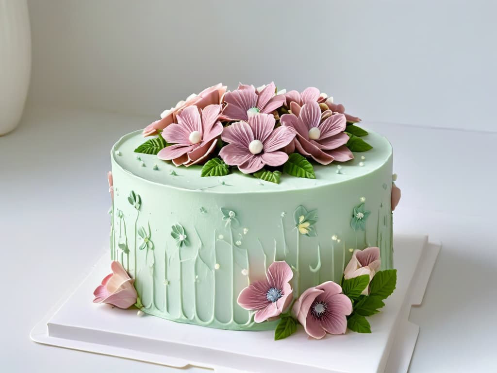  An elegantly decorated glutenfree cake featuring intricate piped floral designs in pastel shades of pink, lavender, and mint green. The cake is set against a clean white backdrop, highlighting the precision and artistry of the decoration. The piping work is flawless, showcasing delicate petals, leaves, and swirls that exude sophistication and charm. This minimalist image captures the essence of glutenfree cake decoration with a touch of professional finesse and inspiration. hyperrealistic, full body, detailed clothing, highly detailed, cinematic lighting, stunningly beautiful, intricate, sharp focus, f/1. 8, 85mm, (centered image composition), (professionally color graded), ((bright soft diffused light)), volumetric fog, trending on instagram, trending on tumblr, HDR 4K, 8K