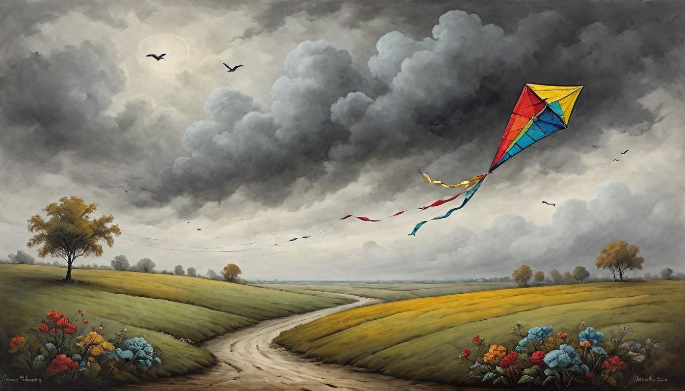  on parchment, surrealism+++, A lone, colorful kite flying against a tumultuous, gray sky, contrast between effort and perceived ease, uplifting amidst adversity, vivid against the mundane, resilience(mysterious, provocative, symbolic,muted color)+++