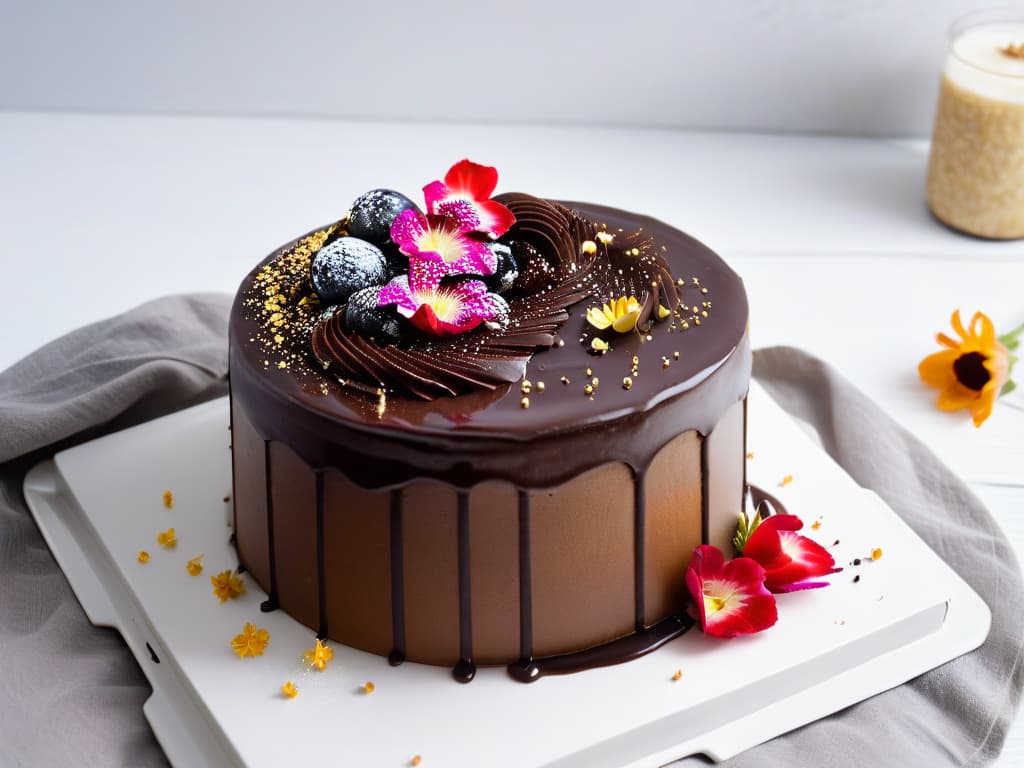  A closeup, ultradetailed image of a perfectly golden amaranth and dark chocolate cake, freshly baked and still steaming, with a glossy ganache drizzle cascading down the sides. The cake sits on a sleek, modern white ceramic plate, adorned with a sprinkling of amaranth seeds and delicate edible flowers for a touch of elegance. The background is softly blurred to keep the focus on the intricate textures and rich colors of the dessert, inviting the viewer to indulge in the sensory experience of baking with amaranth. hyperrealistic, full body, detailed clothing, highly detailed, cinematic lighting, stunningly beautiful, intricate, sharp focus, f/1. 8, 85mm, (centered image composition), (professionally color graded), ((bright soft diffused light)), volumetric fog, trending on instagram, trending on tumblr, HDR 4K, 8K