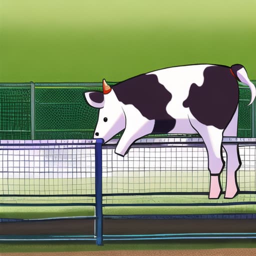  cow trying to get over a fence, humans on the other side of fence