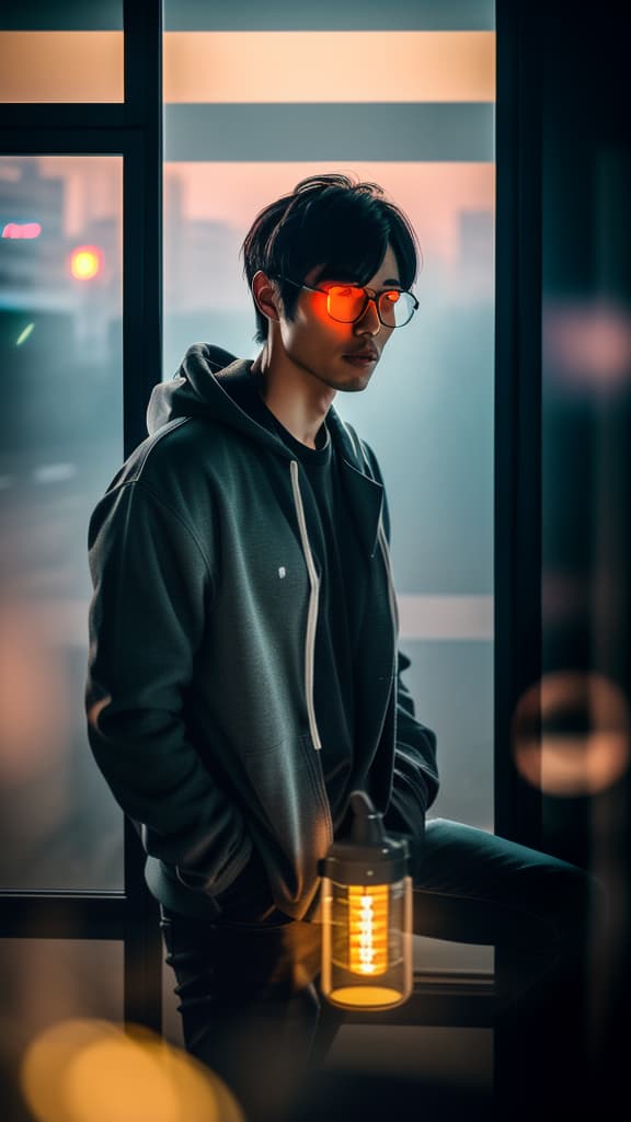  A realistic photo of a slim young Japanese boy, with center parted short black hair, sitting in a modern cafe, on a rainy winter evening, wearing a grey hoodie and black jeans, with the city illuminations visible through the window. hyperrealistic, full body, detailed clothing, highly detailed, cinematic lighting, stunningly beautiful, intricate, sharp focus, f/1. 8, 85mm, (centered image composition), (professionally color graded), ((bright soft diffused light)), volumetric fog, trending on instagram, trending on tumblr, HDR 4K, 8K