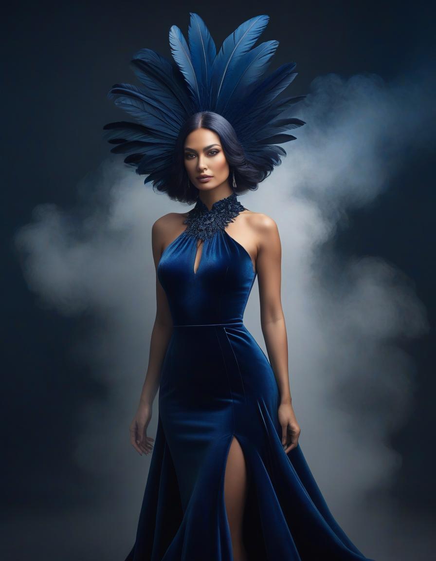  surrealist art Portrait of a beautiful in a dark blue velvet Lorrain dress, on beautiful hair adorned with soft feathers of dark blue colour . dreamlike, mysterious, , symbolic, intricate, detailed hyperrealistic, full body, detailed clothing, highly detailed, cinematic lighting, stunningly beautiful, intricate, sharp focus, f/1. 8, 85mm, (centered image composition), (professionally color graded), ((bright soft diffused light)), volumetric fog, trending on instagram, trending on tumblr, HDR 4K, 8K