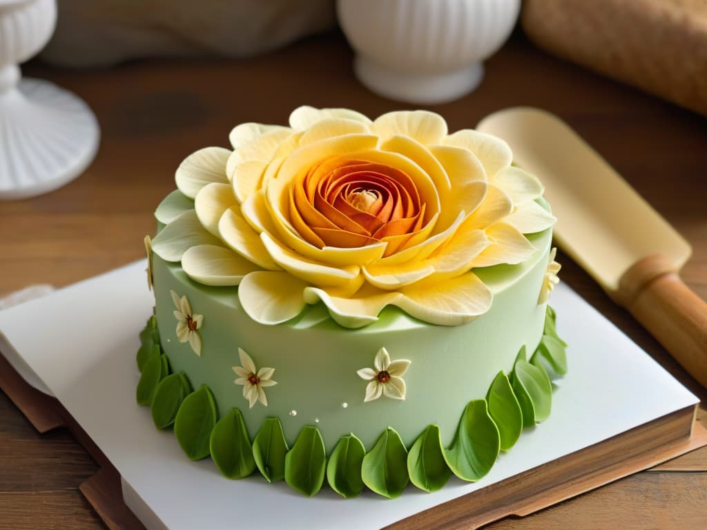  A closeup, ultradetailed image of a delicate, intricate sugar flower being meticulously crafted by a pair of skilled hands. The hands, adorned with colorful tattoos, expertly shape the petals and leaves of the flower, showcasing the artistry and precision involved in sustainable baking. The background is a soft focus of a rustic wooden table, with scattered tools like pastry cutters and rolling pins, adding a touch of authenticity to the scene. The image captures the essence of sustainable baking through its detailed focus on the craftsmanship and dedication required in creating such edible works of art. hyperrealistic, full body, detailed clothing, highly detailed, cinematic lighting, stunningly beautiful, intricate, sharp focus, f/1. 8, 85mm, (centered image composition), (professionally color graded), ((bright soft diffused light)), volumetric fog, trending on instagram, trending on tumblr, HDR 4K, 8K