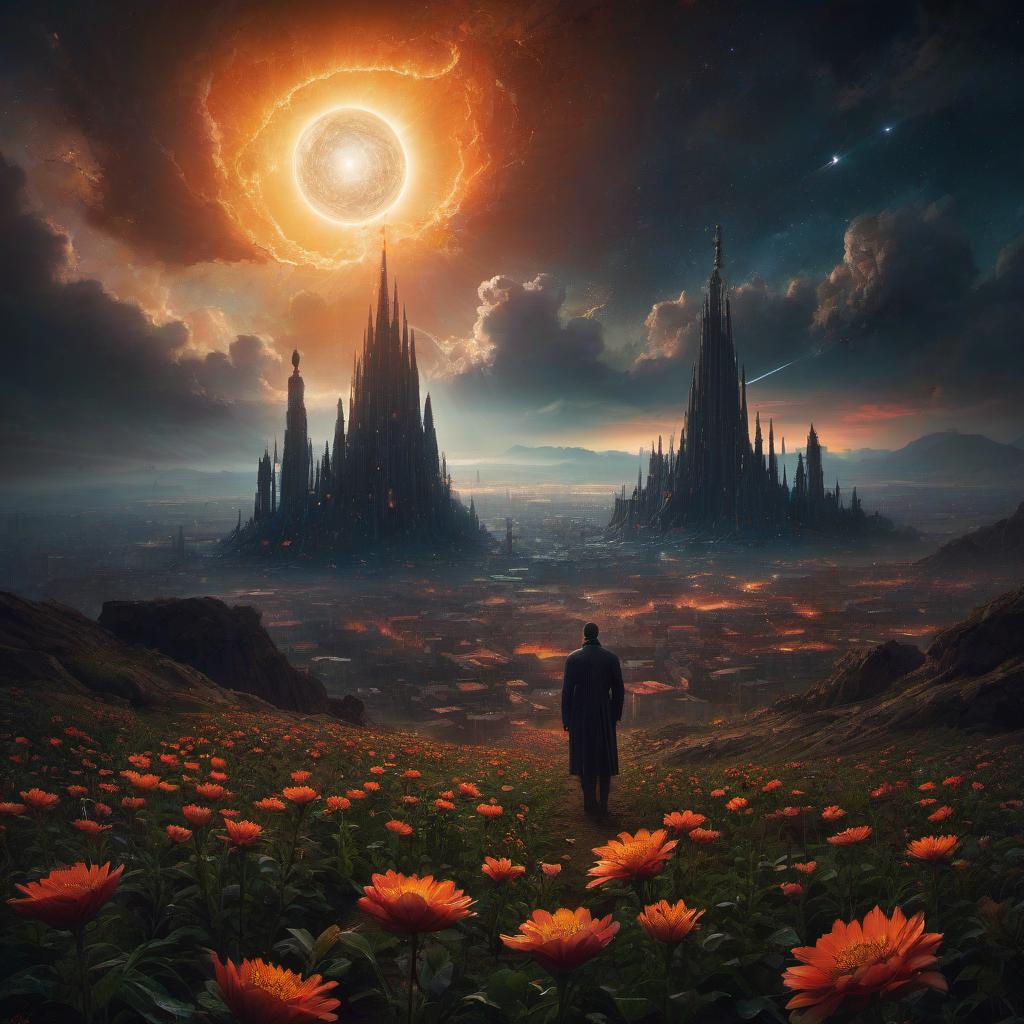  (stylized by Tomasz Alen Kopera:1.3) , dark art, dense flower field and Perseid meteor in background, landscape of a (Barcelona:1.2) , very Bizarre and 1600'S, Hurricane, Glitchcore, Amaro, layered textures, ornate, intricate artistic color, complimentary colors, very inspirational, atmosphere, fine artistic composition, sunny, theatrical hyperrealistic, full body, detailed clothing, highly detailed, cinematic lighting, stunningly beautiful, intricate, sharp focus, f/1. 8, 85mm, (centered image composition), (professionally color graded), ((bright soft diffused light)), volumetric fog, trending on instagram, trending on tumblr, HDR 4K, 8K