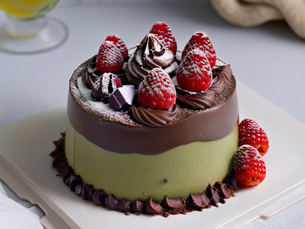  A closeup, photorealistic image of a decadent chocolate avocado mousse topped with fresh raspberries and a sprinkle of dark chocolate shavings. The mousse is perfectly smooth and glossy, reflecting light to showcase its creamy texture. The raspberries are plump and vibrant, contrasting beautifully against the rich brown of the mousse. The dark chocolate shavings add an elegant touch, hinting at the indulgent yet healthy nature of the dessert. The background is softly blurred to keep the focus on the dessert, creating a visually stunning and appetizing image. hyperrealistic, full body, detailed clothing, highly detailed, cinematic lighting, stunningly beautiful, intricate, sharp focus, f/1. 8, 85mm, (centered image composition), (professionally color graded), ((bright soft diffused light)), volumetric fog, trending on instagram, trending on tumblr, HDR 4K, 8K