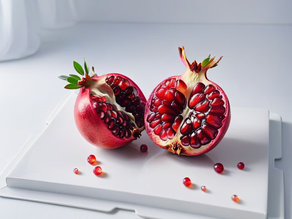  A closeup, ultra highdefinition image of a ripe, vibrant pomegranate split open to reveal its glistening rubyred seeds, arranged neatly on a sleek, modern white plate. The seeds are artfully scattered, their juicy texture and rich color contrasting beautifully against the clean, minimalist backdrop, evoking a sense of freshness and antioxidantrich goodness. hyperrealistic, full body, detailed clothing, highly detailed, cinematic lighting, stunningly beautiful, intricate, sharp focus, f/1. 8, 85mm, (centered image composition), (professionally color graded), ((bright soft diffused light)), volumetric fog, trending on instagram, trending on tumblr, HDR 4K, 8K