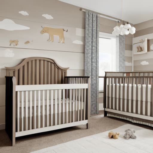  Baby room with neutral colors and checkered wall, a wooden baby crib in the middle of the room. One walls has savana animals painted on