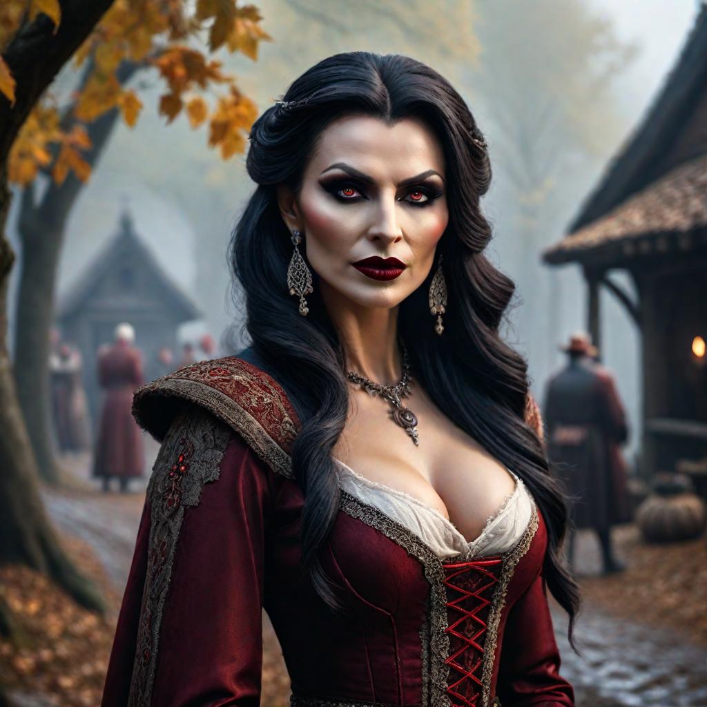  The vampire of my village. hyperrealistic, full body, detailed clothing, highly detailed, cinematic lighting, stunningly beautiful, intricate, sharp focus, f/1. 8, 85mm, (centered image composition), (professionally color graded), ((bright soft diffused light)), volumetric fog, trending on instagram, trending on tumblr, HDR 4K, 8K