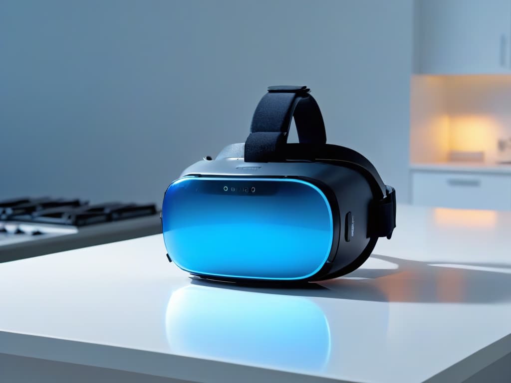  An ultradetailed image of a futuristic virtual reality headset placed on a sleek, minimalist kitchen countertop. The headset is glowing with a soft blue light, reflecting off the pristine surface below. The background is blurred, emphasizing the cuttingedge technology in the foreground. hyperrealistic, full body, detailed clothing, highly detailed, cinematic lighting, stunningly beautiful, intricate, sharp focus, f/1. 8, 85mm, (centered image composition), (professionally color graded), ((bright soft diffused light)), volumetric fog, trending on instagram, trending on tumblr, HDR 4K, 8K