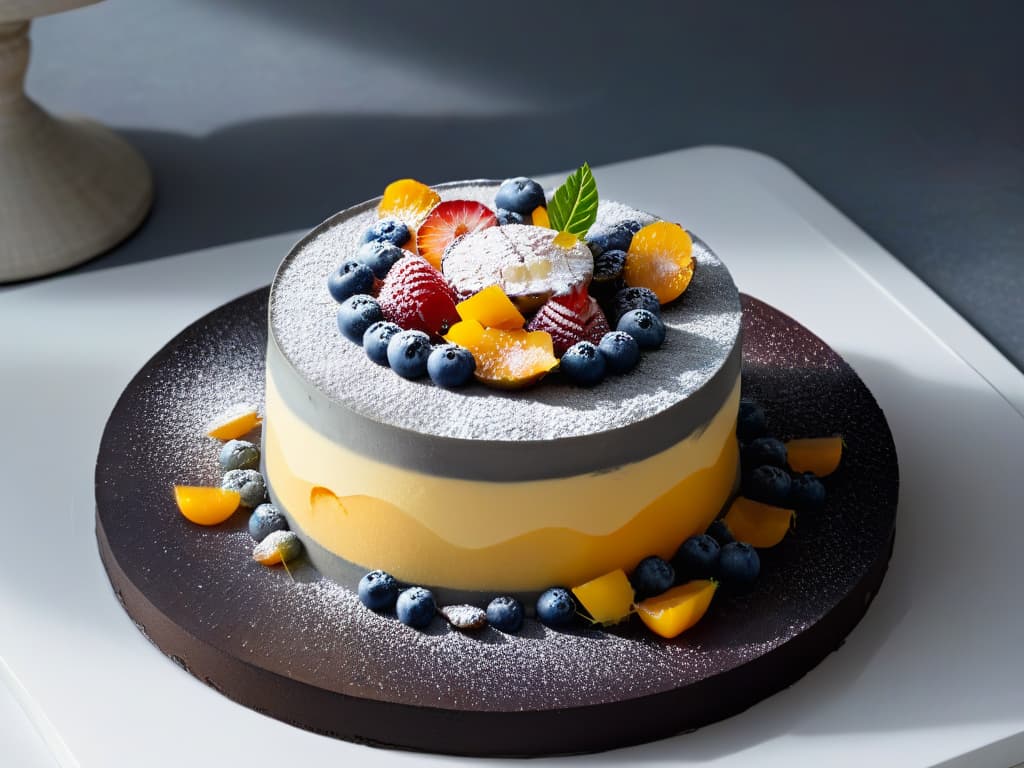  An ultradetailed image of a delicate, avantgarde dessert created by René Redzepi, showcasing intricate layers of textures and flavors, with a minimalist presentation on a sleek, black slate plate. The dessert is a true work of art, featuring vibrant colors, precise geometric shapes, and innovative ingredients that push the boundaries of traditional pastrymaking. The lighting is soft, emphasizing the fine details of the dessert and creating a luxurious, sophisticated ambiance that captures the essence of Redzepi's revolutionary approach to pastry. hyperrealistic, full body, detailed clothing, highly detailed, cinematic lighting, stunningly beautiful, intricate, sharp focus, f/1. 8, 85mm, (centered image composition), (professionally color graded), ((bright soft diffused light)), volumetric fog, trending on instagram, trending on tumblr, HDR 4K, 8K