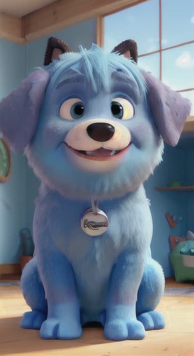  {Max snuggled up in his comfy dog bed inside the house, fast asleep, The big blue dog is large with sky blue fur, big round eyes, a black nose, and floppy ears.