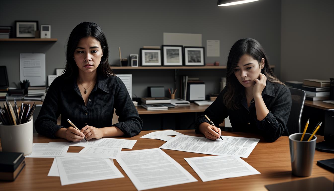  digital illustration, Woman with furrowed brow, desk cluttered with papers, dimly lit office, feeling of frustration, somber mood, looking at viewer, dynamic pose, (intricate details, masterpiece, best quality)