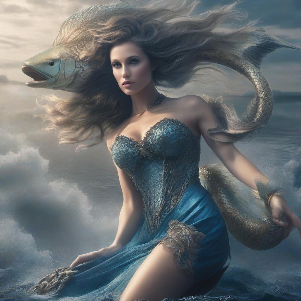  Digital photo. High quality. Artistic painting. Fairy tale about a mermaid. Inhabitant of deep sea depths. Magical, mysterious and mystical atmosphere. Siren beautiful and dangerous creature with a gray body and a long, dark gray fish tail. Beautiful and refined facial features. The fish tail blends with the body. The mermaid swims in dark blue water. Something is looking for. hyperrealistic, full body, detailed clothing, highly detailed, cinematic lighting, stunningly beautiful, intricate, sharp focus, f/1. 8, 85mm, (centered image composition), (professionally color graded), ((bright soft diffused light)), volumetric fog, trending on instagram, trending on tumblr, HDR 4K, 8K