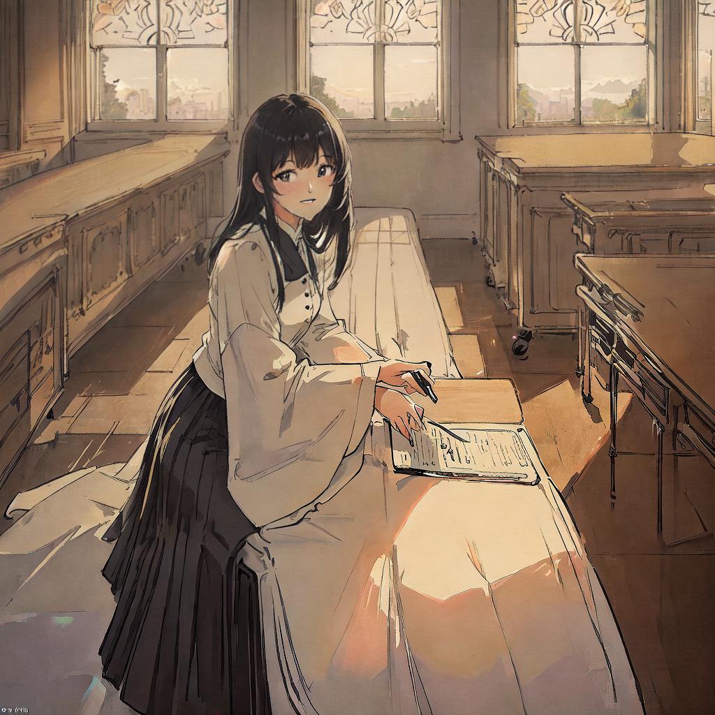  ((masterpiece)),(((best quality))), 8k, high detailed, ultra-detailed, A girl sitting in a classroom, a girl, ((black hair)), smiling, (windows in the background), sunshine hyperrealistic, full body, detailed clothing, highly detailed, cinematic lighting, stunningly beautiful, intricate, sharp focus, f/1. 8, 85mm, (centered image composition), (professionally color graded), ((bright soft diffused light)), volumetric fog, trending on instagram, trending on tumblr, HDR 4K, 8K