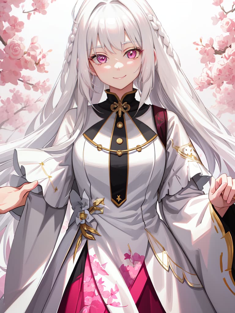  Girls, white hair, Long hair, pink eyes, smiles, masterpiece, best quality,8k,ultra detailed,high resolution,an extremely delicate and beautiful,hyper detail