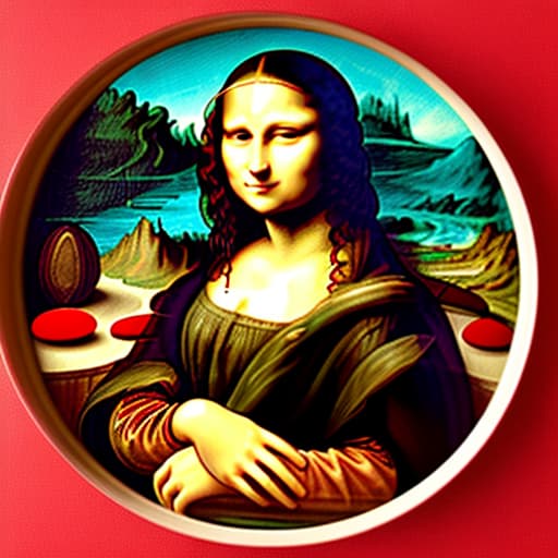  The Mona Lisa holding a white plate of fine dark chocolate candy pieces in red candy cups. Enlarge background. Painted in the style of Leonardo Da Vinci.