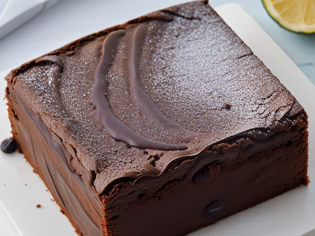  A closeup, ultradetailed image of a freshly baked lowcalorie brownie, still warm from the oven. The brownie is perfectly square with a shiny, crinkled top, surrounded by a light dusting of powdered sugar. The edges are slightly crispy, and you can see tiny air bubbles trapped within the moist, fudgy interior. The lighting is soft and warm, emphasizing the rich chocolate color of the brownie against a simple, clean backdrop. hyperrealistic, full body, detailed clothing, highly detailed, cinematic lighting, stunningly beautiful, intricate, sharp focus, f/1. 8, 85mm, (centered image composition), (professionally color graded), ((bright soft diffused light)), volumetric fog, trending on instagram, trending on tumblr, HDR 4K, 8K