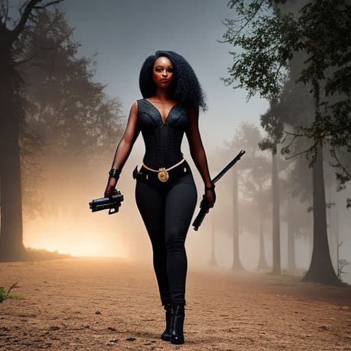  Black girls with guns hyperrealistic, full body, detailed clothing, highly detailed, cinematic lighting, stunningly beautiful, intricate, sharp focus, f/1. 8, 85mm, (centered image composition), (professionally color graded), ((bright soft diffused light)), volumetric fog, trending on instagram, trending on tumblr, HDR 4K, 8K